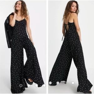 Free People Jumpsuit Medium Summer Jamboree Black White Polka Dot Boho Pantsuit